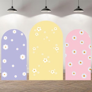 Sfondo fotografico personalizzato con copertina ad arco su due lati Fiori groovy personalizzati Fotografia per baby shower Sfondo personalizzato per festa di compleanno con margherita