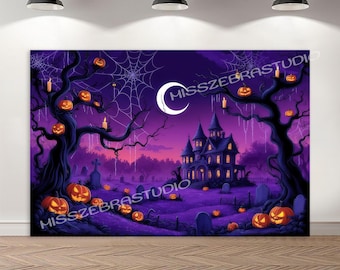 May include: A Halloween-themed canvas print featuring a spooky scene with a haunted house, jack-o'-lanterns, and a crescent moon against a purple and pink sky. The artwork includes the text "MISSZEBRASTUDIO".