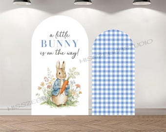 May include: Two arched backdrop panels. One features a watercolor illustration of a bunny holding a carrot, with the text "a little BUNNY is on the way!". The other panel has a blue and white gingham pattern.