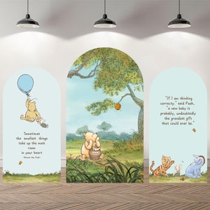 Sfondo fotografico personalizzato con arco bifacciale, sfondo fotografico personalizzato per baby shower con orsetto Winnie, sfondo personalizzato per feste di compleanno