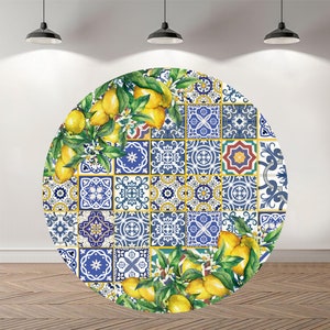 Custom Lemon Round Backdrop Baby Shower Personalized Circle Photography Backdrop Custom Main Squeeze Blue and White Porcelain Background