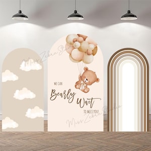 Sfondo fotografico personalizzato con copertura ad arco bifacciale, per baby shower, con tema "We Can Bearly Wait", sfondo per la festa di baby shower con orsacchiotto