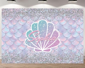 Mermaid Birthday Party Backdrop Shell Scale Photography Girls Custom Party Decor Glitter Background Vinyl Photo Booth Studio Banner
