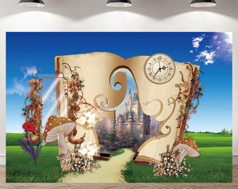 May include: A whimsical backdrop featuring a large open book with a clock face on the cover. The book is set against a blue sky with white clouds and a green grassy field. A path leads through the book to a castle in the distance.