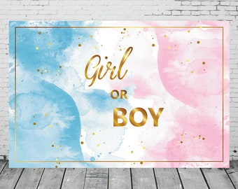 Girl or Boy Gender Reveal Photo Backdrop, Blue Pink Watercolor