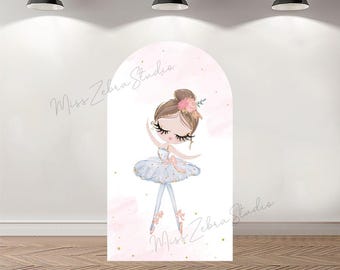 May include: A whimsical illustration of a ballerina in a light blue tutu, pink pointe shoes, and a floral hairpiece. The artwork is set against a soft pink backdrop with gold accents, and the text "Miss Zebra Studio" is visible.