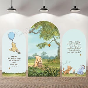 Fondo fotográfico personalizado de doble cara con diseño de arco y cubierta, ideal para baby shower con temática de Winnie the Bear.