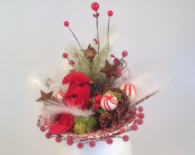 Women's Hats, Fascinators, Hats, Christmas Winter Red Cardinal Fascinator Hat, Christmas Hat, Red & White Feather Hat, Christmas Centerpiece
