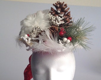 Party Women's Hat, Fascinators, Hats, Christmas Winter Snow Pinecone Fascinator Hat, Christmas Hat, White Feather Hat, Christmas Pine Tree