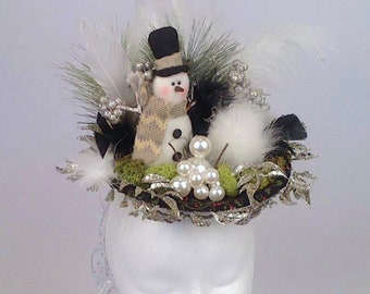 Women's Hat, Fascinators, Hats, Christmas Snowman Pearl Fascinator Hat, Christmas Hat, Black & White Feather Hat, Christmas Centerpiece