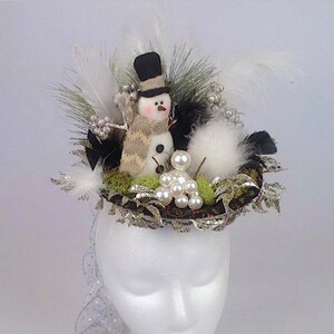 Women&#39;s Hat, Fascinators, Hats, Christmas Snowman Pearl Fascinator Hat, Christmas Hat, Black & White Feather Hat, Christmas Centerpiece