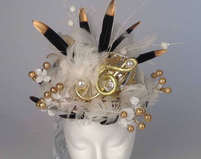 Party Women's Hat, Fascinators, Hats, New Year's Eve Disco Ball Hat, New Year's Fascinator Hat, Treble Clef Hat, Black and White Feather Hat