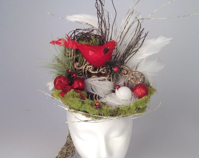 Party Women's Hat, Fascinators, Hats, Christmas Peace and Red Cardinal Fascinator Hat, Christmas Hat, White Feather Hat, Christmas Fascinato