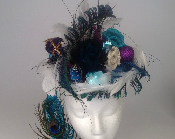 New Year's Hats, New Year's Fascinators, Hats, Peacock Feather Hat, Elegant New Year's Hat, Peacock Feathers, Turquoise & Purple Hat