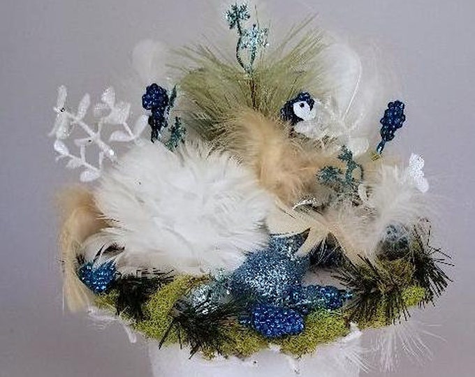 Women's Hats, Fascinators, Hats, Christmas Feather Winter Blue Berry Fascinator Hat, Christmas Hat, White Feather Hat, Christmas Centerpiece