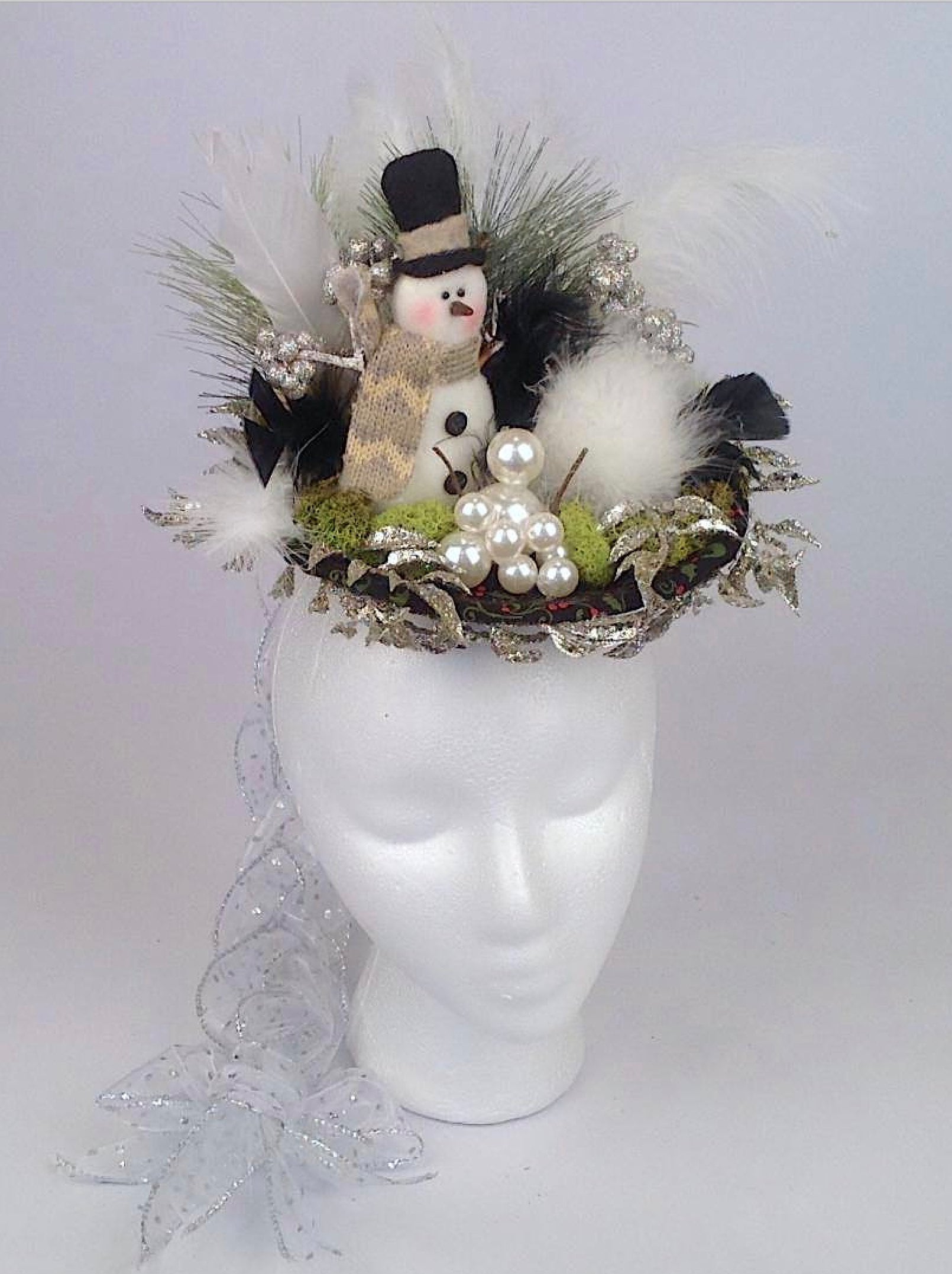 Women s Hat Fascinators Hats Christmas Snowman Pearl Fascinator Hat Christmas Hat Black White Feather Hat Christmas Centerpiece