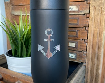 Thermo mug, travel mug, to-go mug with anchor "Faith, Love, Hope"