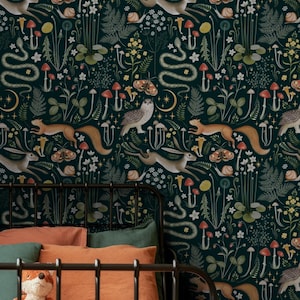 Dark Woodland Wallpaper, Vintage Botanical Wallpaper, Mushroom and Animal Peel and Stick Wallpaper, Removable Wall Mural for Kids Room