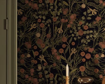 Papier peint amovible floral foncé | Gommage et stick botaniques Moody | Décoration murale gothique aux herbes