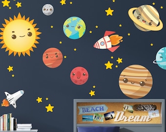 Cute Faced Solar System Wall Decal - Sun,Planets,Rockets and Stars Sticker - Peel & Stick Decor for Kids Room  - Baby's Room Space Murals