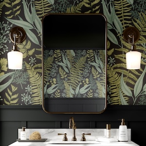 Carta da parati floreale scura, murale botanico staccabile e attaccabile, decorazione murale vintage con foglie verdi, carta da parati rimovibile per bagno e soggiorno