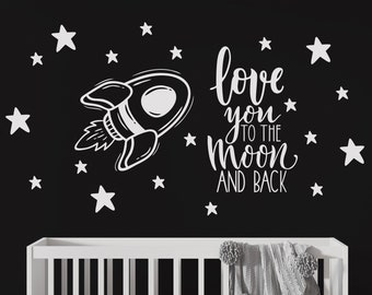 Love You to the Moon and Back Wall Decal-Sweet Quote,Spaceship and Stars Sticker-Outer Space Decoration-Kid's Room Rocket Decor- Nursery