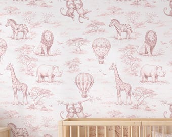 Sketch Safari Nursery Wallpaper, Pink Toile Animal Decor, Removable Wall Mural