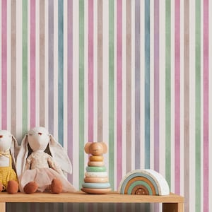 Carta da parati per bambini a righe arcobaleno pastello, murale scandinavo per cameretta dei bambini, arredamento neutro per la cameretta dei bambini