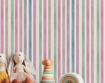Papel pintado infantil con rayas de arcoíris pastel, mural de pared escandinavo para habitación de bebé, decoración neutra para habitación de bebé.
