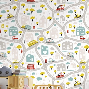 Carta da parati con mappa stradale per bambini - Traffico giocoso - Design urbano con auto, autobus, camion e case - Stacca e attacca o tradizionale - Decorazione per la cameretta dei bambini