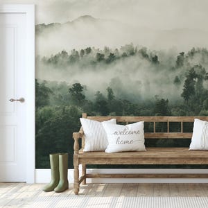 Misty Mountain Wall Decor - Customizable Self-Adhesive Wallpaper - Nature-inspired Forest Mural - Soothing Mountain Landscape Wallpaper