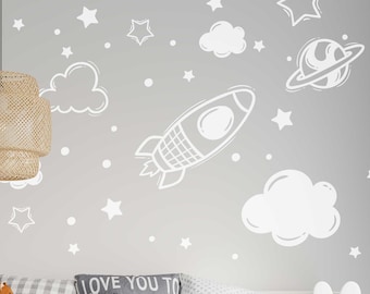 To Infinity and Beyond Wall Decal-Spaceship,Stars,Clouds and Planet Sticker-Outer Space Decoration-Kid's Room Rocket Decor-Nursery Murals
