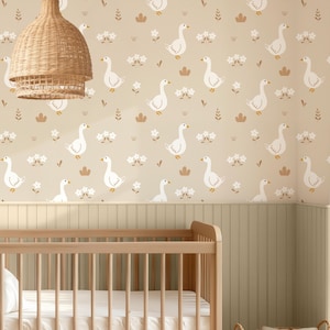Papel pintado para habitación infantil con diseño de ganso y flores silvestres: estilo rústico beige, autoadhesivo o decoración tradicional.