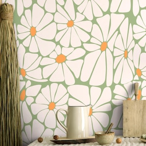 Carta da parati Hippie Daisy - Design retrò floreale con camomilla, decorazione murale Boho da staccare e attaccare per camera da letto o soggiorno, murale floreale vintage anni '70