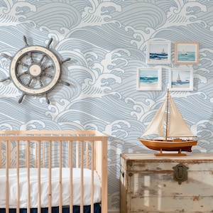 Minimalistisch Japans golvend Peel-and-Stick-behang | Blauw oceaanontwerp