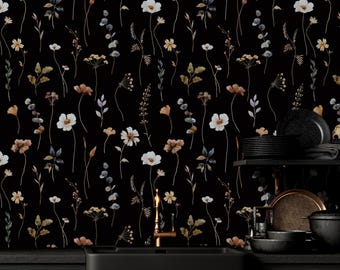 Dark Floral Peel and Stick Wallpaper, Botanical Decor