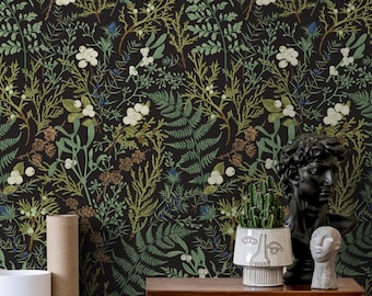 Dark Botanical Herb Wallpaper – Vintage Green Floral Wall Mural