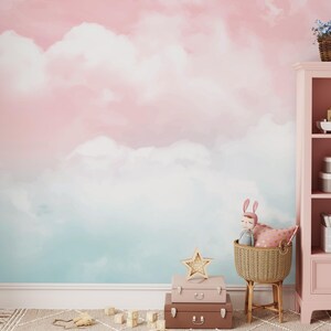 Rosa und Mintfarbene Wolken Tapete Wandbild, Pastell Aquarell Kinderzimmer Dekor