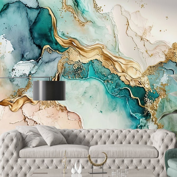 Turquoise Gold Marble Wallpaper, Modern Elegant Peel and Stick