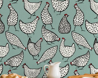 Vintage Chicken Wallpaper – Farmhouse Style Hen Wall Mural in Peel and Stick or Traditional