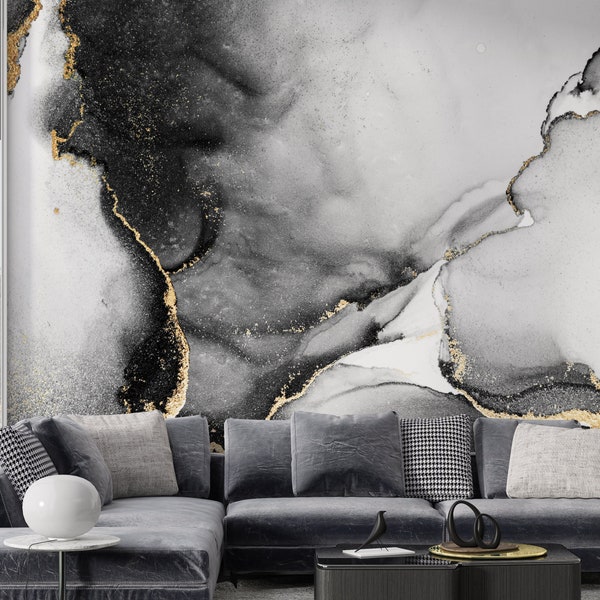 Black, White and Gold Marble Modern Peel and Stick Removable Wallpaper, Luxury Wallpaper for Living Room, Bedroom and Bathroom.