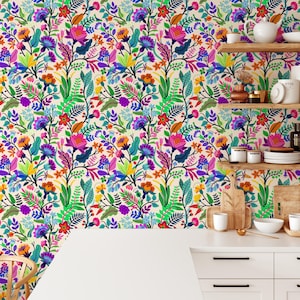 Bunte Blumentapete - Schälen und Aufkleben, lebendiges botanisches Wandbild, abnehmbares Boho Blumendekor