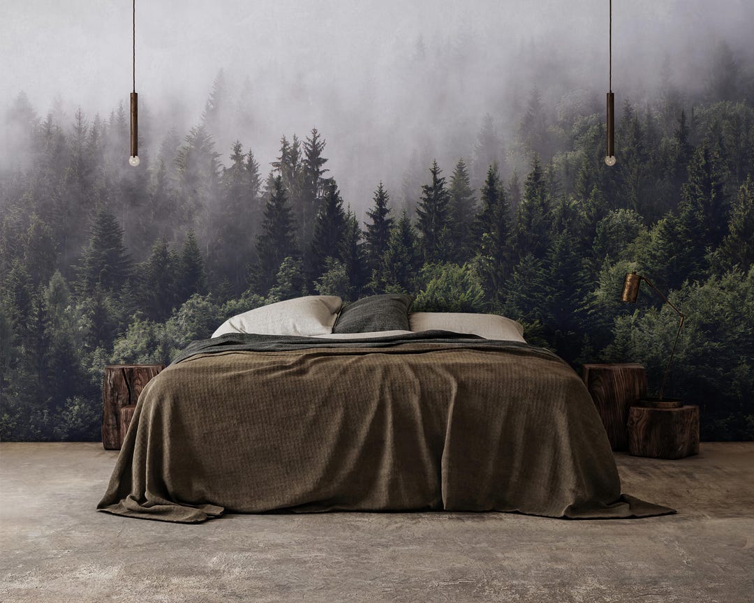 Foggy Forest Wallpaper – Peel and Stick Mountain Tree Wall Mural - Etsy