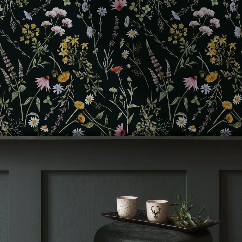 Dark Floral Peel and Stick Wallpaper – Vintage Botanical Mural - Etsy