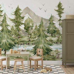 Forest Mountain Trees Wallpaper | Peel & Stick Mural | Self Adhesive Nursery Decor | Kids Room Wall Art | Scenic Nature Wall Mural for Home