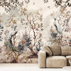Chinoiserie Peacock Wallpaper - Tapete zum Abziehen und Aufkleben - Aquarell Blüten Bäume Tapete - Asiatischer Stil - Vintage Wohnkultur