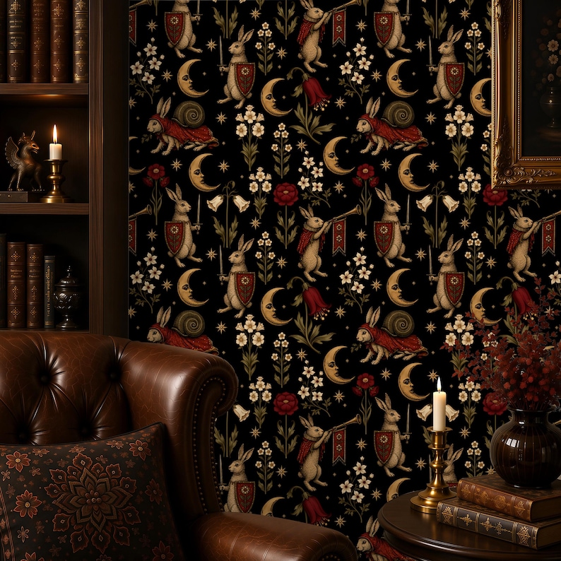 Medieval Rabbit Wallpaper, Dark Botanical Gothic Peel and Stick Mural ...