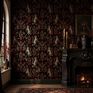 May include: Burgundy wallpaper with a repeating pattern of white cats, red flowers, and gold accents. The room features a black fireplace, candles, and a framed painting, creating a gothic or vintage aesthetic.