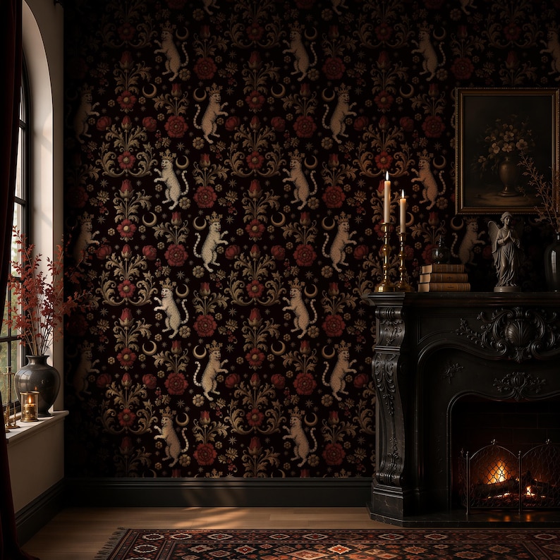 May include: Burgundy wallpaper with a repeating pattern of white cats, red flowers, and gold accents. The room features a black fireplace, candles, and a framed painting, creating a gothic or vintage aesthetic.