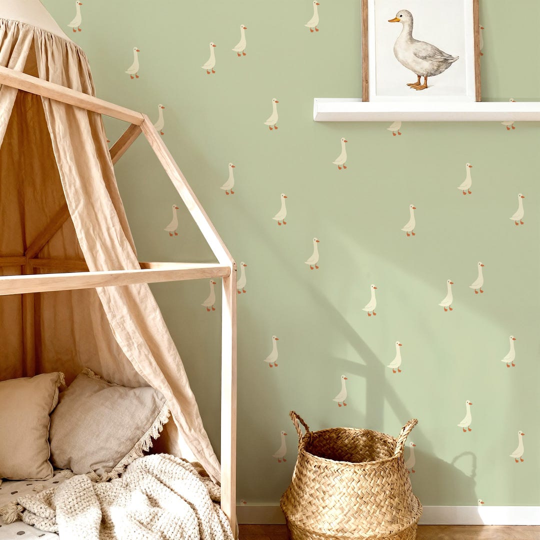 Sage Green Goose Wallpaper: Scandinavian Nursery Peel and Stick or ...